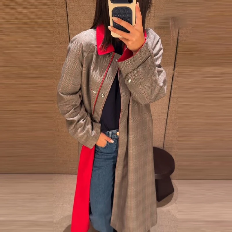 Women Reversible Long Trench Coat Stand Collar Drawstring Waist Plaid Solid Color 2 Sides Wear Long Sleeve Loose Ladies Overcoat