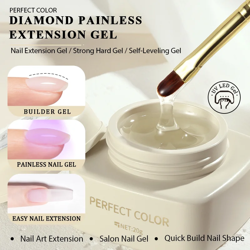 PERFECT COLOR Diamond Painless Extension Gel, Self-Leveling Hard Builder Gel for Nail Extension, 20g, UV LED Cure