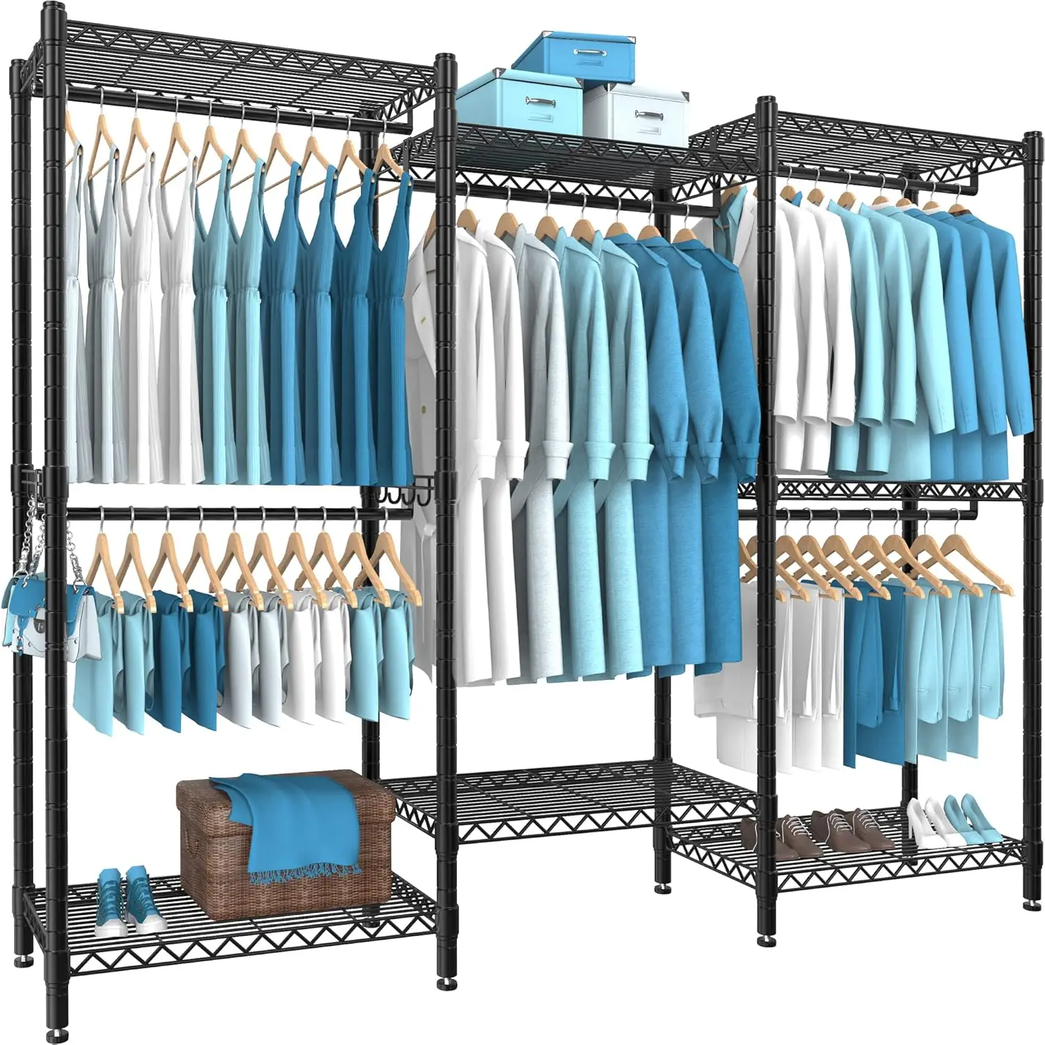 

7 Tiers Wire Shelving Black Garment Rack, Compact Extra Large Clothing Racks Metal with 5 Hanging Rods