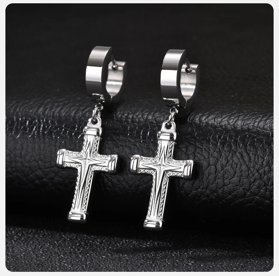 Vnox Kreuz-Creolen für Männer, Edelstahl Silberfarben 4-zackiger Stern Ohrhänger, Hip-Hop Kreuz-Schmuck Geschenk – Detail 6