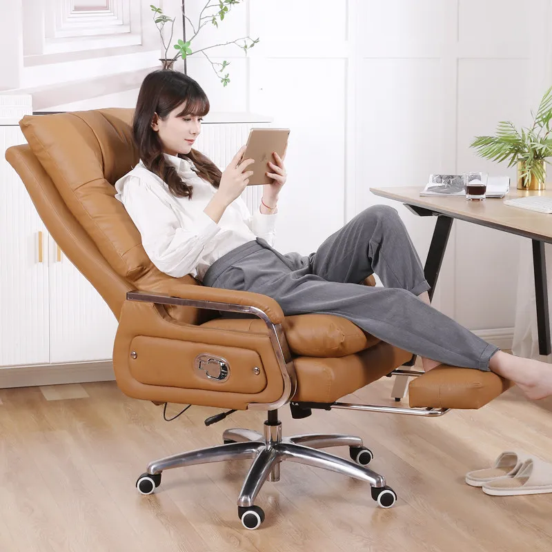Leather computer chair office lunch break can lie down first layer cowhide chair aluminum alloy feet sedentary comfortable boss