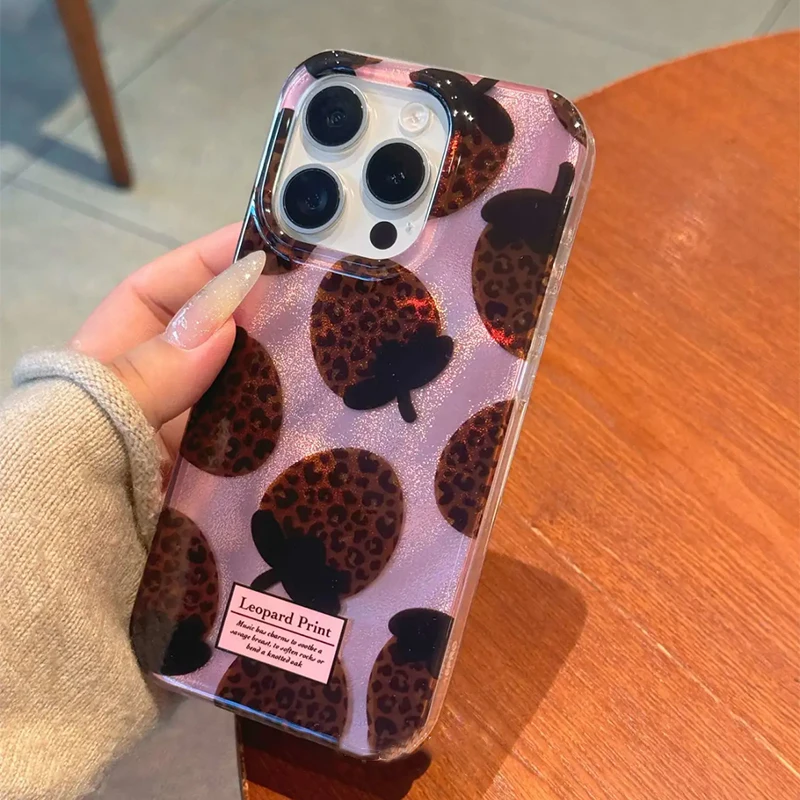 Water ripple glitter brown leopard print strawberry phone case For iPhone 11 12 13 14 15 16 pro max