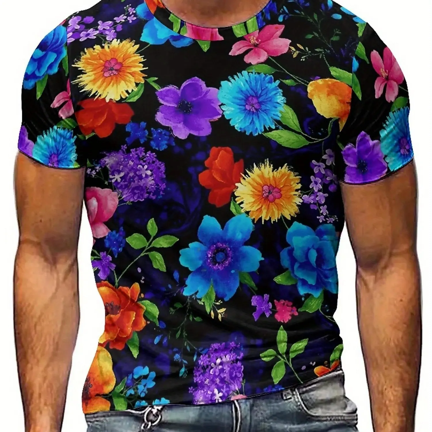 تي شيرت رجالي بأكمام قصيرة مطبوع عليه زهور نابضة بالحياة، نسيج بوليستر ناعم وقابل للتمدد للارتداء الكاجوال والعطلات والرياضة