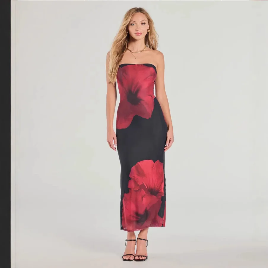 New Women's Slim-fitting Off-the-shoulder Contrasting Color Flower Print Elegant Fashion Dress