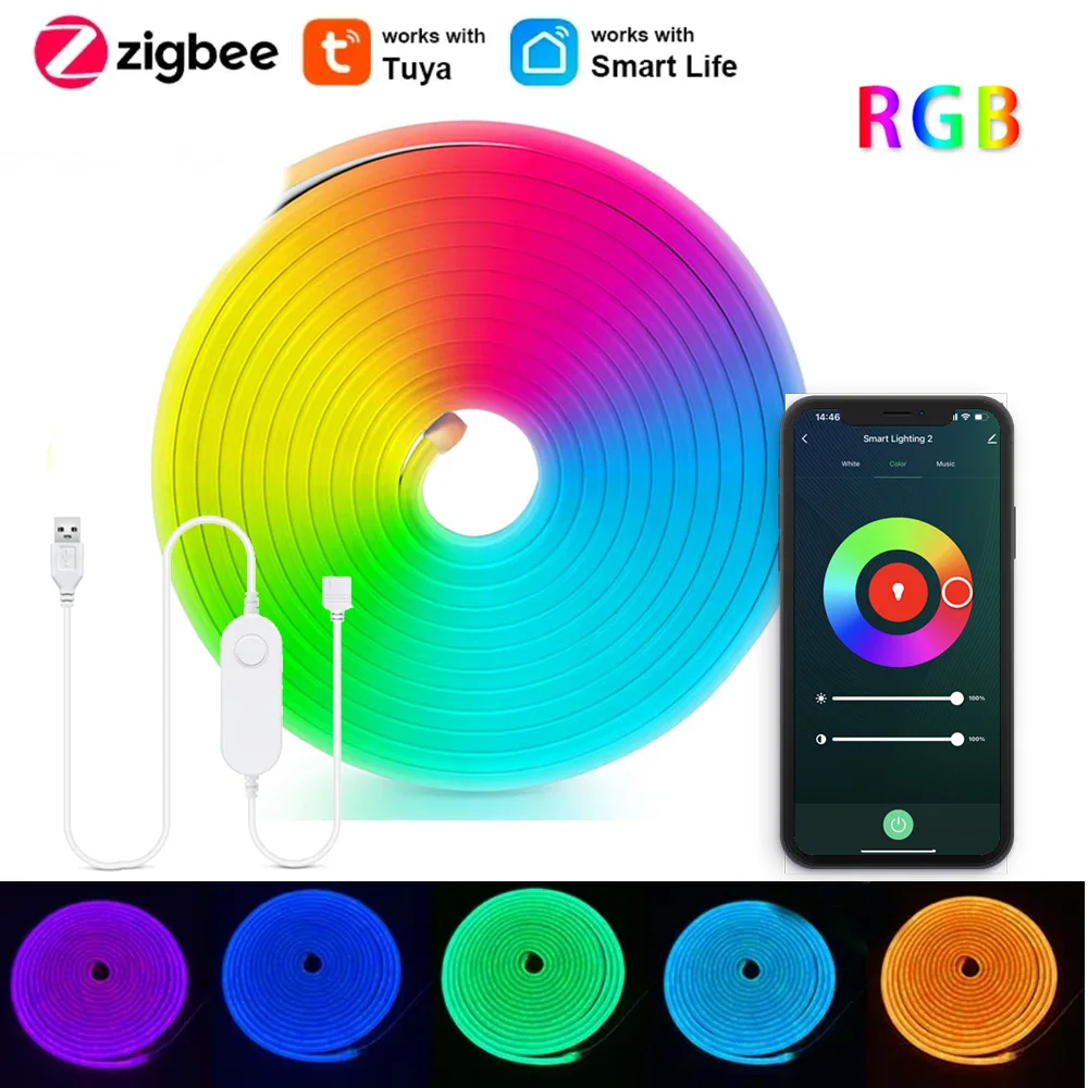 

DC5V USB Zigbee3.0 RGB Мягкая неоновая светодиодная лента Tuya Zigbee Ambilight Подсветка Гибкая лента Декор комнаты Smart Voice для Google Alexa