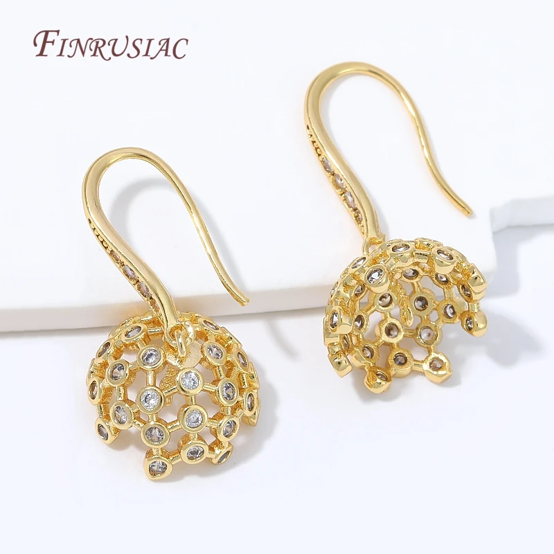18K Gold Plated Ear Hooks Findings CZ Micro Pave Filigree Flower Pearl Bezel Ear Wires Components DIY Dangle Earring Accessories