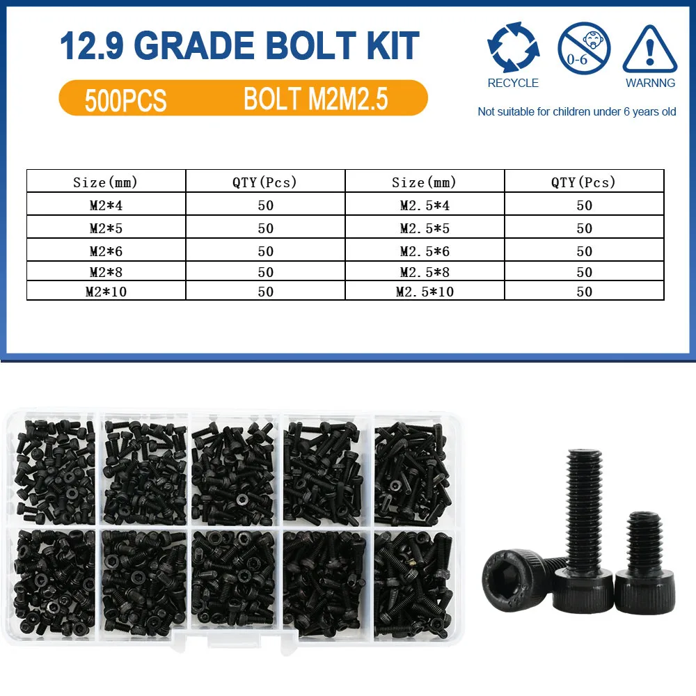 500 Stuks M2 M2.5 Kleine Schroef Bolt Kit 4mm 5mm 6mm 8mm 10mm Elektrische Schroeven Hex Hexagon Socket Cap Laptop PCB Allen Bouten Set
