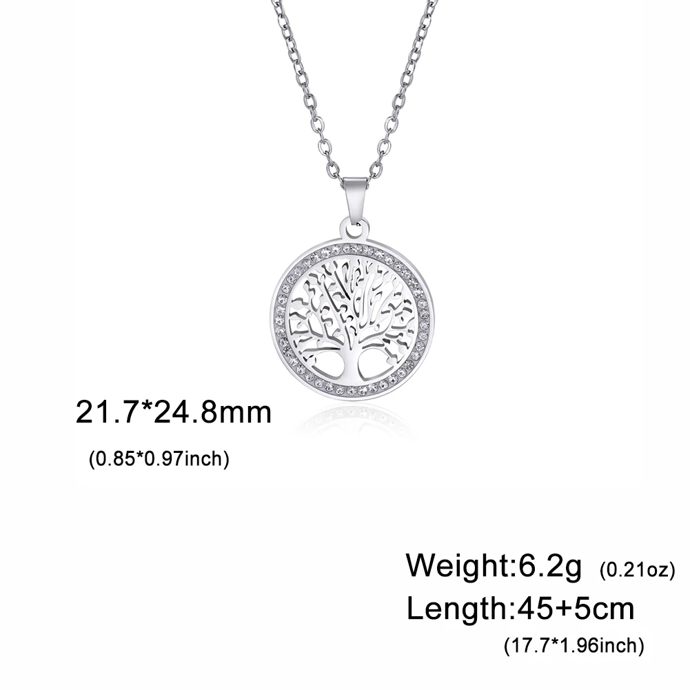 LIKGREAT Tree of Life Stainless Steel Necklace for Women New Fashion Clear Zircon Round Pendant Necklaces Jewelry Wedding Gift