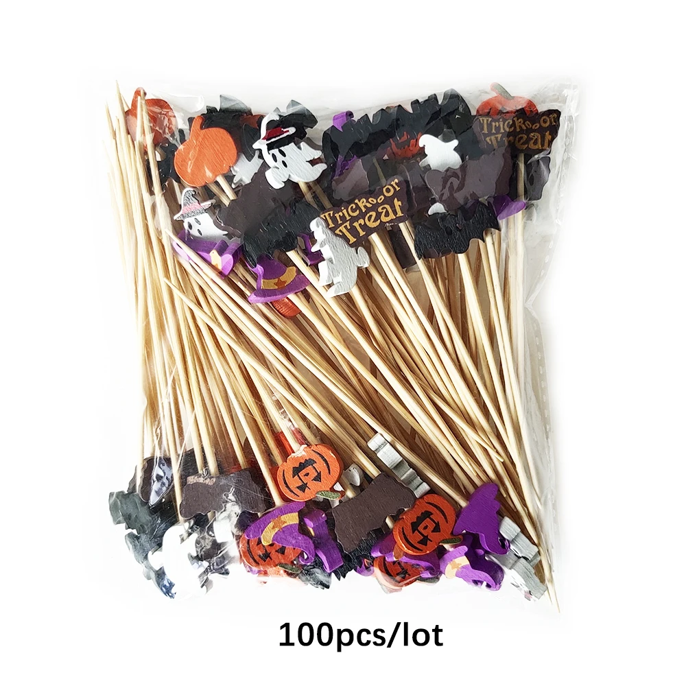 100 Stück Halloween Einweg-Bambusspieße Kürbis-Obstgabel Buffet Dessert Cocktail-Sticks Weihnachts-Schneedeckoration 2026 – Detail 8