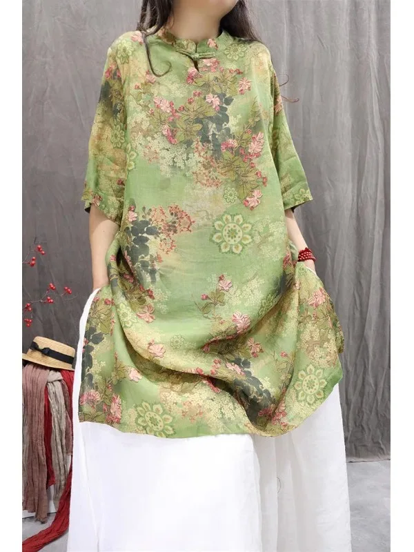 2025年レトロサマー ルーズフィット リネンシャツ プリント入り 軽量 通気性 ミディ丈トップス アシンメトリーヘムライン レディース ビジネスカジュアルシャツ