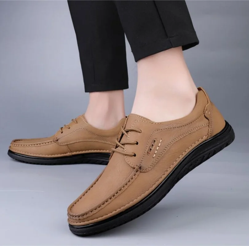 Spring Autumn two layer cowhide thick bottom breathable casual leather shoes men's Loafers classic hand-stitched men's shoes