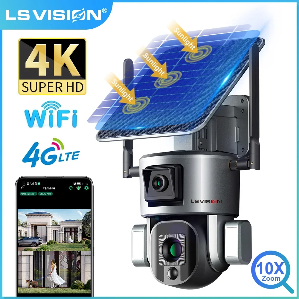 LS VISION 4K Dual Lens Scrceen Preview 4G Solar Camera Outdoor WIFI 10X Optical Zoom Two-way Audio Color Night Vision CCTV Cam