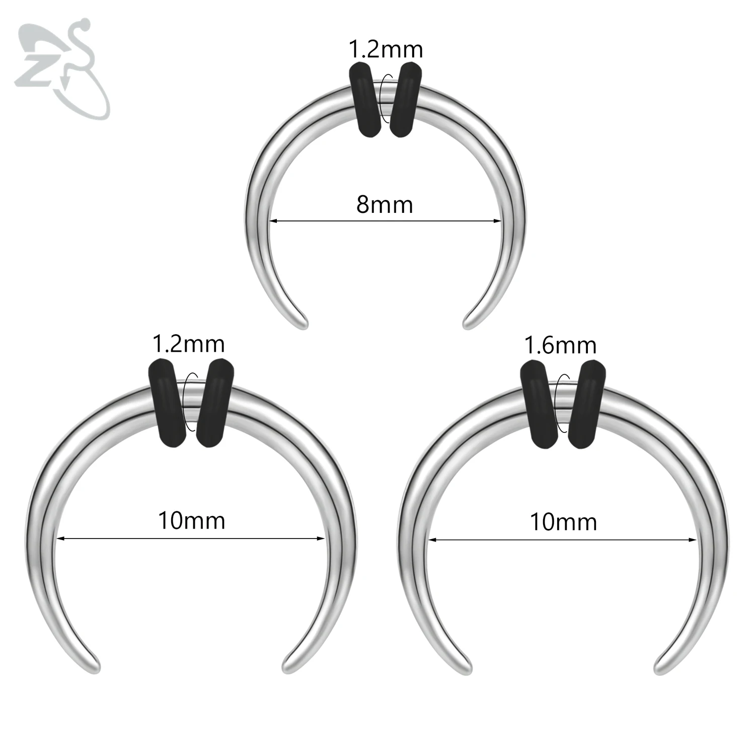 ZS 1 Piece Punk Ox Horn Shape Stainelss Steel Septum Piercing Men Wome 14G&16G Taper Stretcher Nose Ring Noses Expander 8MM/10MM