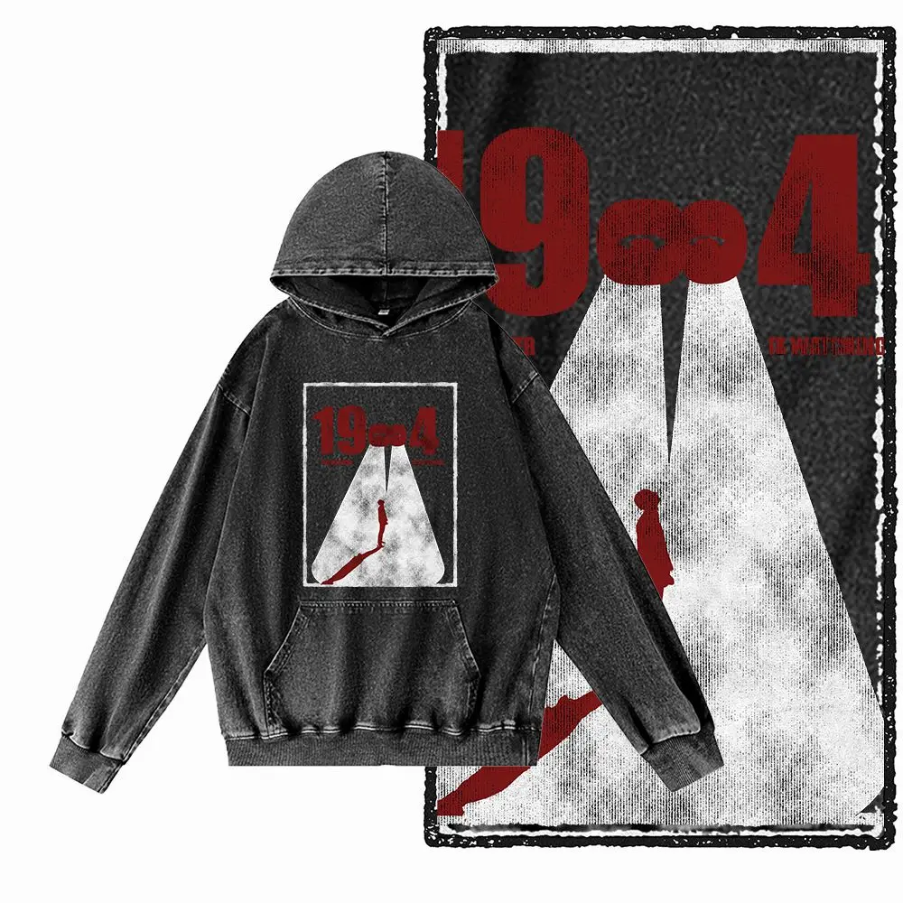 G02 حمض غسلها القطن الأسود حجم كبير 1984 جرافيك الرجال هوديس |    سترة بغطاء للرأس للرجال برقبة دائرية رائعة من Streetwear