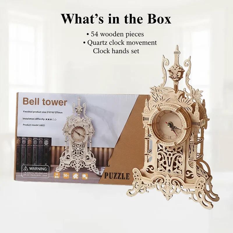 برج الساعة الخشبية المصنوع يدويًا ألعاب ألغاز ثلاثية الأبعاد، عناصر عرض إبداعية، هدايا ألعاب ذاتية الصنع، هدايا عيد الميلاد