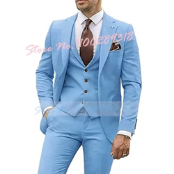 Sky Blue Men Suit 3 Pieces Set Slim Notched Lapel Business Casual Wedding Party Groom Tuxedos Blazer Vest With Pants