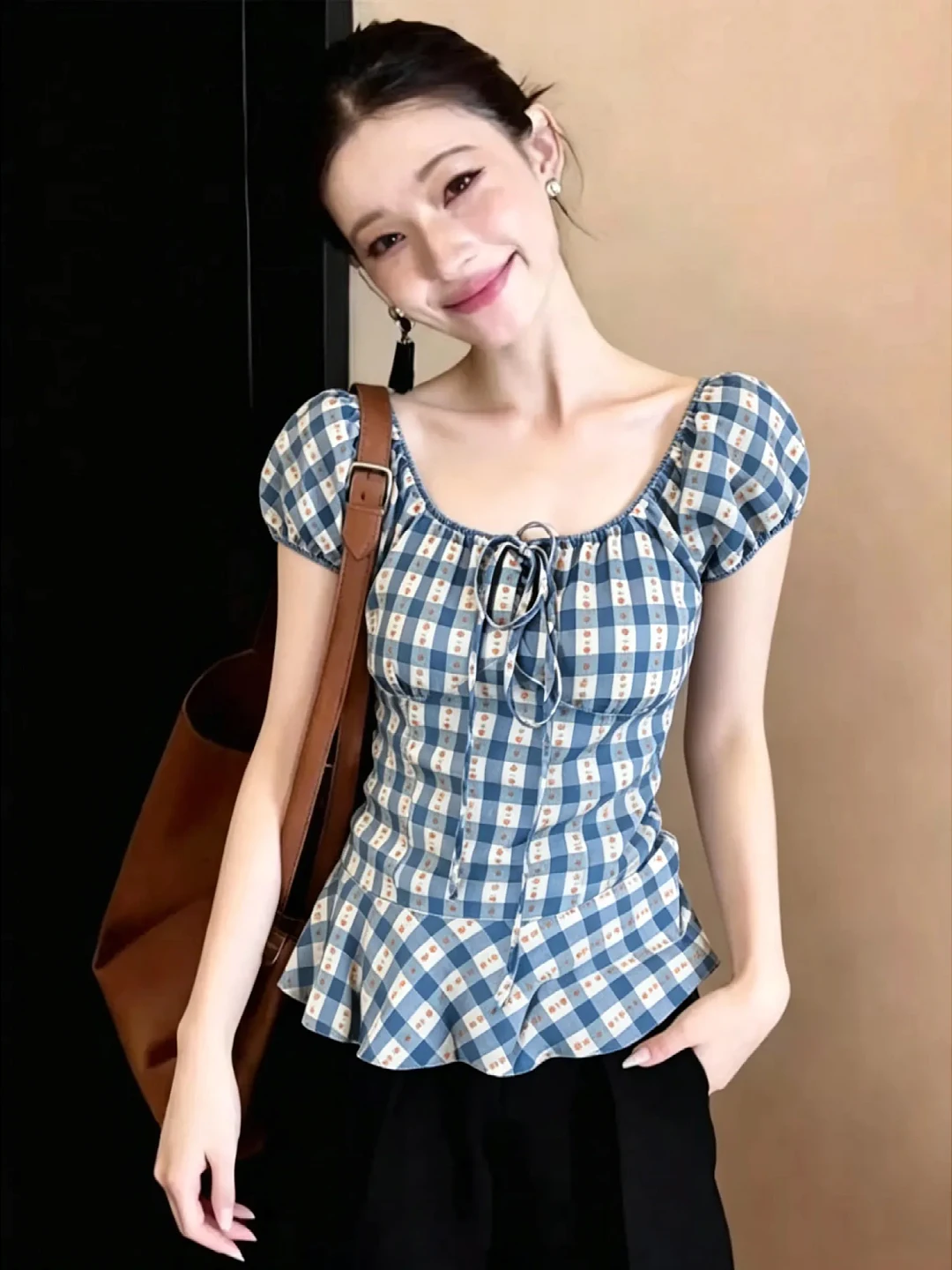 

Summer New plus Size Women's Shirt Country Style Square Collar Bubble Sleeve Short Sleeve High Waist Breathable Polyester Fiber