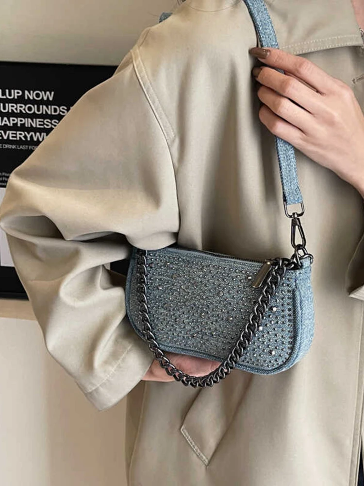 Women\'s 2024 New Fashion Versatile Chain Single Shoulder Crossbody Bag Solid Sequin Denim Handbags Female Commuting Card Pack