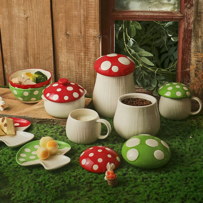 Embossed Mushroom Tableware Set Cute Children's Rice Bowl Ceramic Mug Kitchen Storage Jar Dinner Fine Dining Plate Noodle Bowl