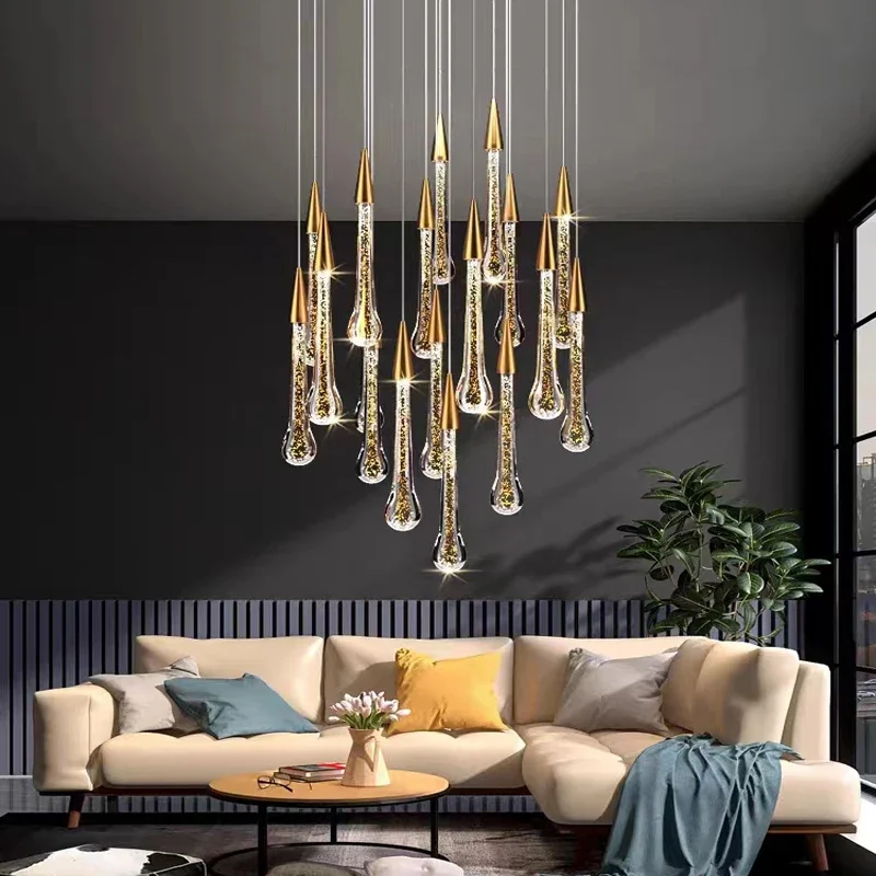 2024 New Modern LED Chandelier Villa Composite Staircase Meteor Shower Water Droplet Chandelier Living Room Lighting