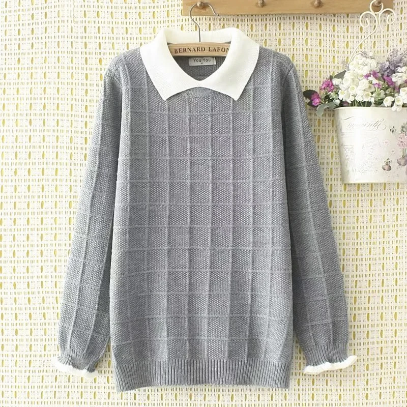 Suéter a cuadros de Jacquard de Color contrastante para mujer, Otoño Invierno, empalme de solapa, moda informal coreana, Jersey de punto suelto, Tops
