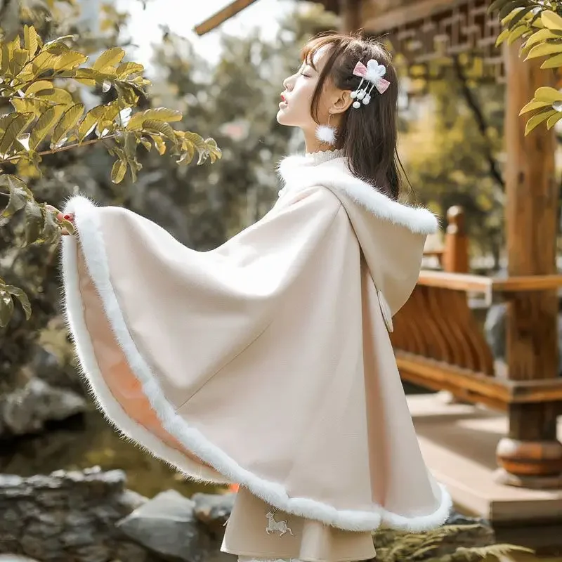 Coalfell Autumn /Winter New Improved Hanfu Han Element Lolita Hooded Cloak Fleece Coat Veste Femme Coat Autumn Clothes Women