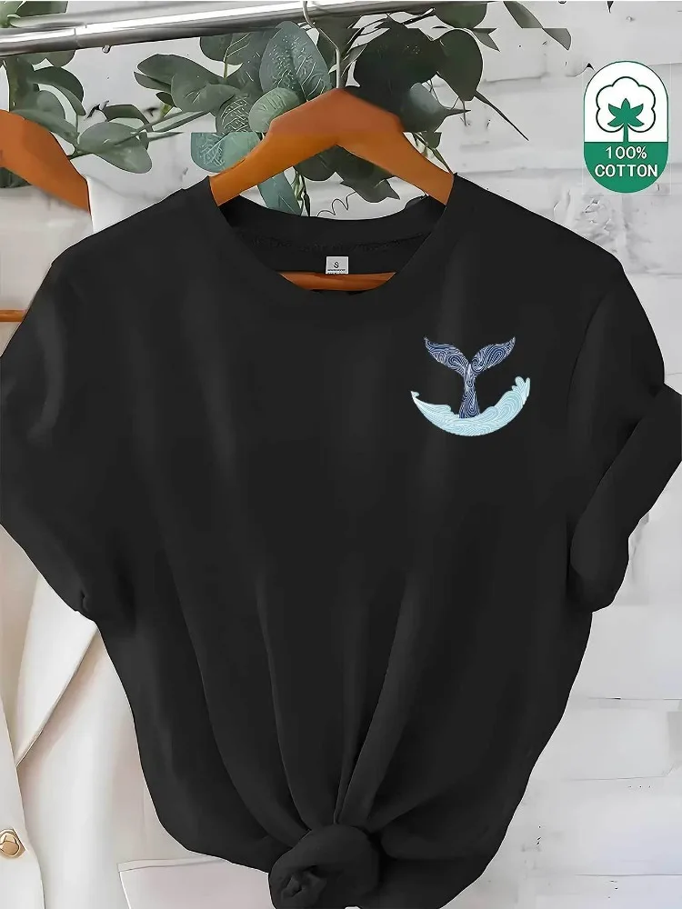 

Women Whale Print TShirt Soft Everyday Top Cotton Shirt Casual Wear Patterned Short-Sleeve T-Shirt Minimalist Design Printed Top