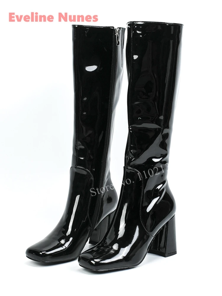 Blue Zipper Knee Boots Patent Leather 2024 Autumn Square Toe Chunky High Heel News Solid Sexy Fashion Shoes For footwear