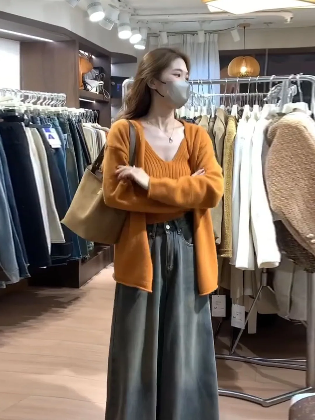 الخريف الشتاء المرأة سترة على شكل حرف v سترة مجموعة البرتقال الغروب اللون طبقات التخسيس Sle محبوك سترة طويلة Sve #1