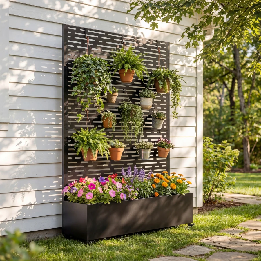 Raised garden bed with wheels and trellis for climbing plants, vegetables, vines; 73x47x16 metal planter box in charcoal gray w