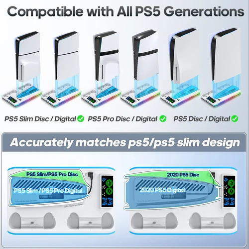 Imagen 2 del producto Soporte para PS5/PS5 Slim/PS5 Pro con gancho para auriculares, soporte de refrigeración y estación de carga de controlador para PS5 con ventilador de refrigeración de 3 niveles