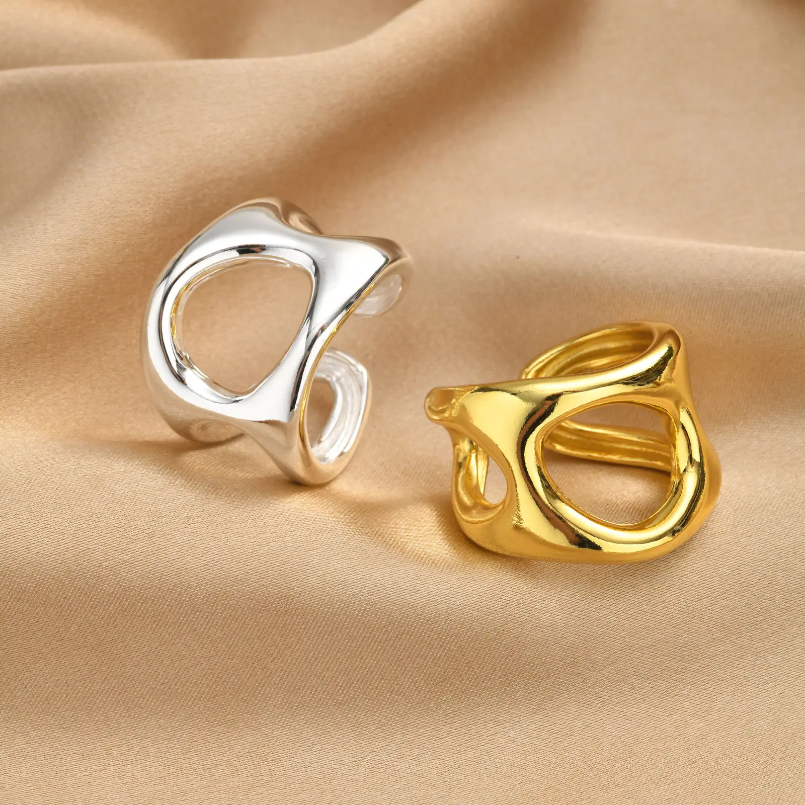 Chunky Hollow Geometric Open Ring for Women, Waterproof 18K Gold Plated,Bold Abstract Statement Jewelry