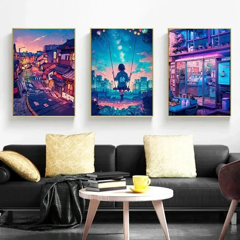 City Life The Bar | Lila Tokio | Mitternachtscafé Minimalistischer Wandkunstdruck Leinwandgemälde Poster für Wohnzimmer Moderne Heimdekoration