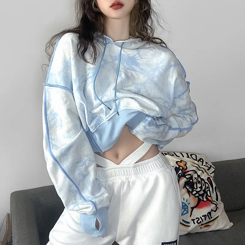 Fall and Winter New 2024 Women's Short Loose Fashion Tie-dye Hooded Long Sleeve Blue Pullover Female Korean Hoodies Sweatshirt