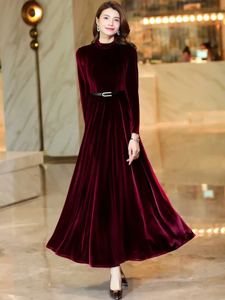 Herfst Winter Woon-werkstijl Afslankende bordeauxrode fluwelen lange jurk Feestdatum Lange mouw Ronde hals Marineblauwe taillejurk