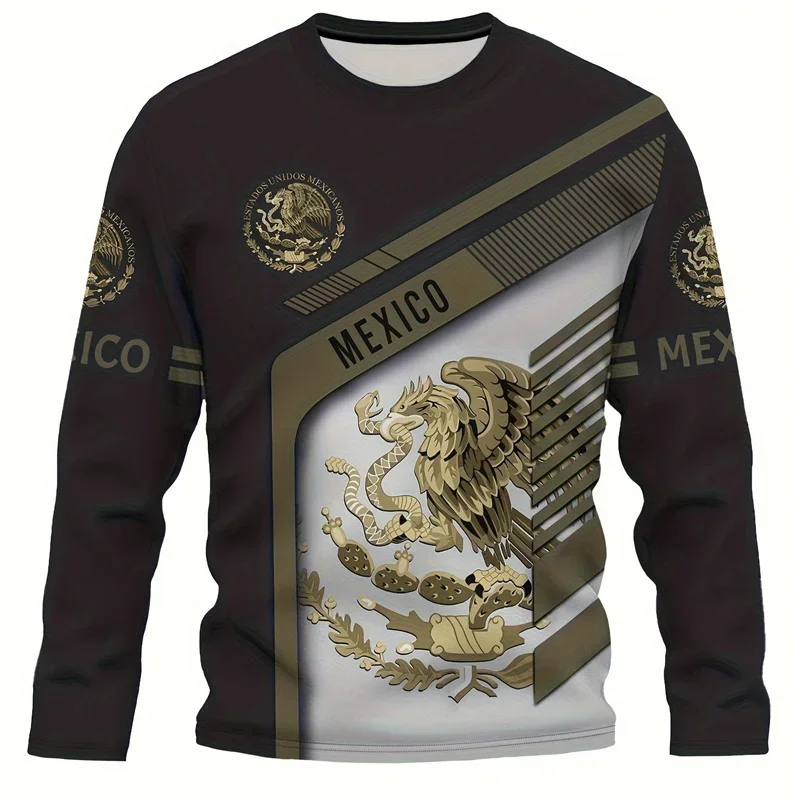 Aztec Mexican pattern printed long sleeved T-shirt for men and women, fashionable spring unisex top