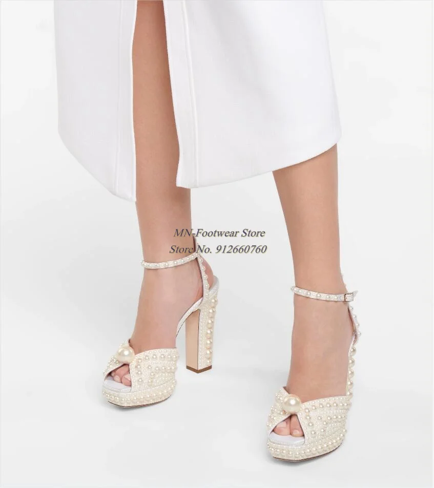 

New Arrivals Women Sandals Pearls Embellished Satin Sandals Platform Buckle Fastening Ankle Strap Chunky Heel High Heel Sandals