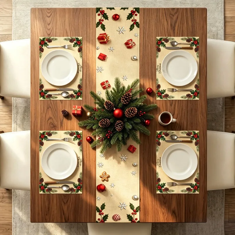 5pcs Christmas Wreath Printed Table Runner Placemat Kitchen Dining Party Decor Table Flag Table Mat Decoration