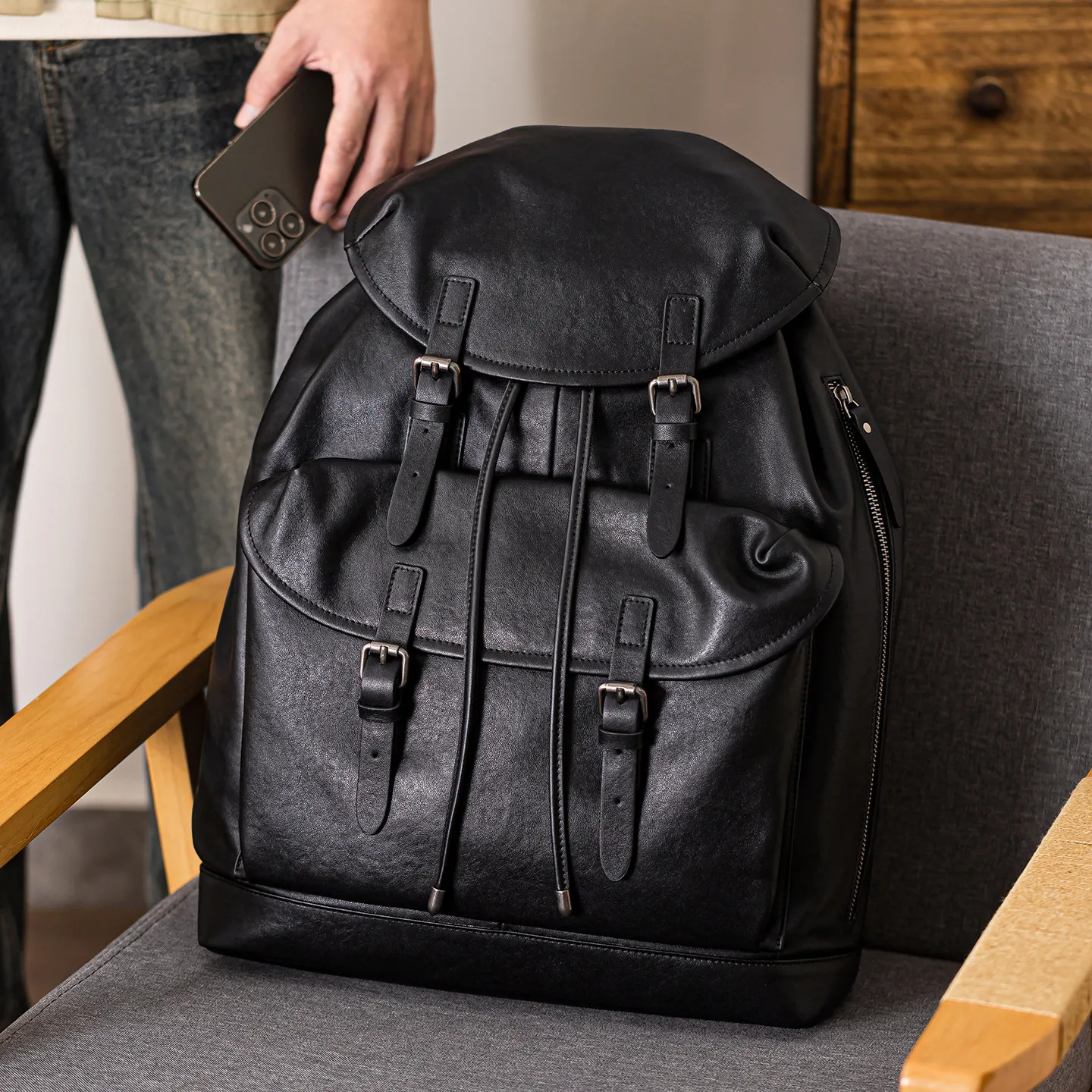outdoor travel genuine leather large-capacity men's backpack luxury casual high-quality real cow leather black laptop schoolbag