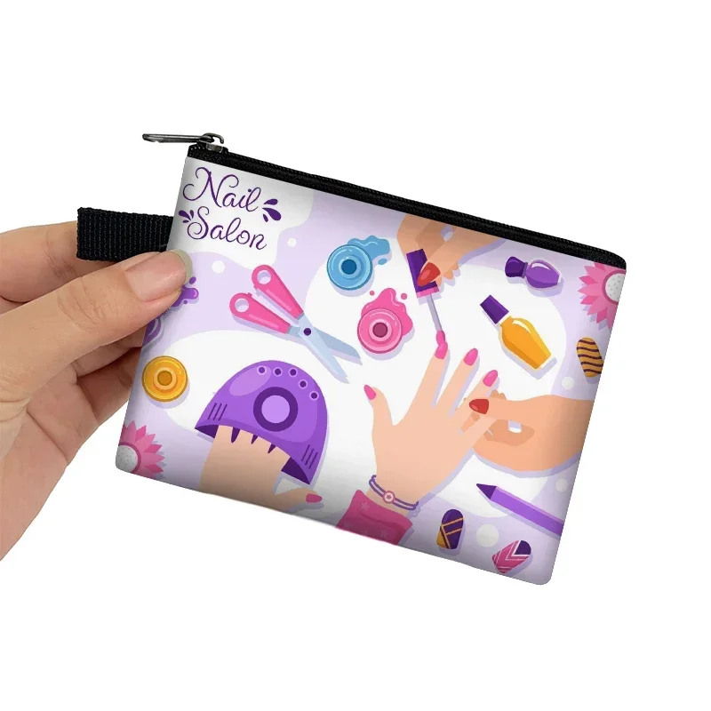 Monedero con estampado de esmalte de uñas para mujer, billeteras de estudio para salón de uñas, tarjetas de identificación, llaves, lápiz labial, bolsas para dinero para manicura, Mini bolsa