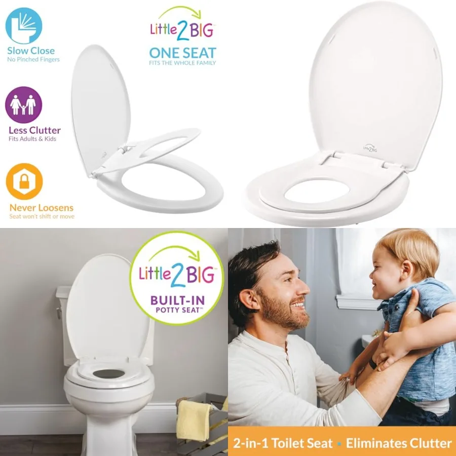 

Little2Big Toilet Seat with Built-In Potty Training Seat, Slow Close, Durable Plastic, Made in USA,,White