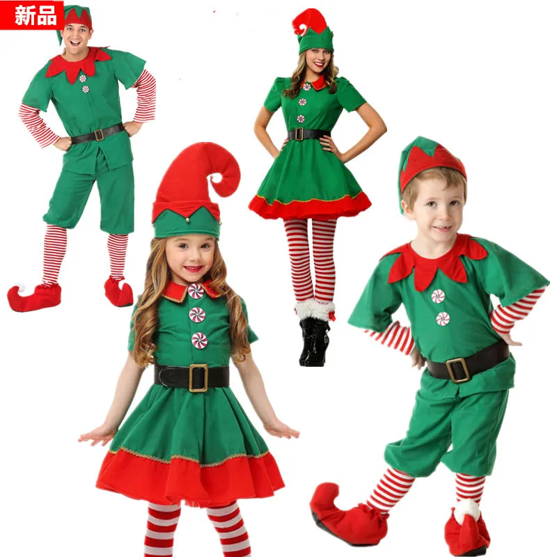 Christmas Clothes Parent-child Cosplay Cute Green Elf Toddler Boys and Girls Modern Dance Performance Costume Stage DanceWear