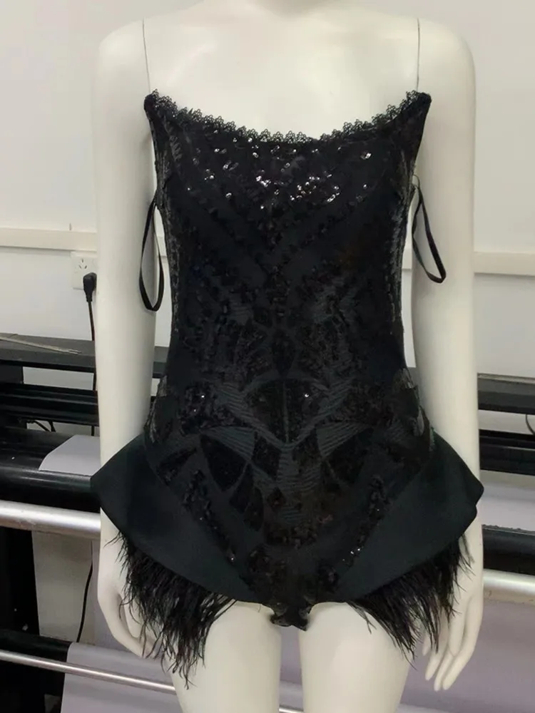 Women Luxury Black Evening Club Outfits Sexy Strapless Sequines Embroidery Furry Bodycon Plasuit Nightclub Party Stage Costumes