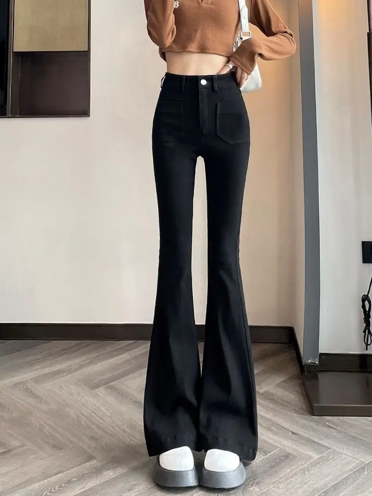 New High Waisted Slim Flared Pants with Elastic Leggings and Black Floor Length Casual Pants