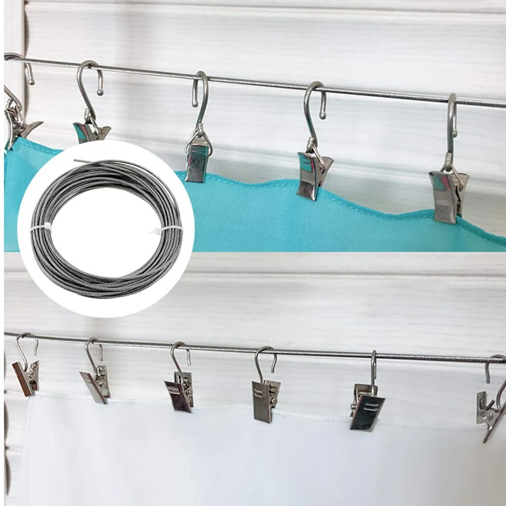 เชือกเบ็ดตกปลาเรืองแสงสแตนเลส10เมตรเชือกเหล็กเคลือบ2มม. ปรับได้เชือกแขวนผ้าม่านพร้อมที่หนีบยึด