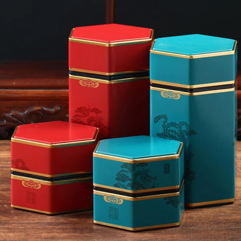 Creative Hexagonal Teapot Tin Can Chinese Tinplate Tea Storage Tank Sealed Portable Tea Box Empty Can Tea Set Accessories