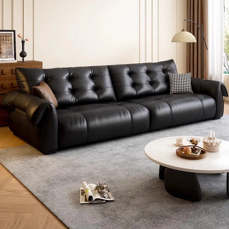 

Customizable Italian minimalist style high-end black straight row leather art sofa