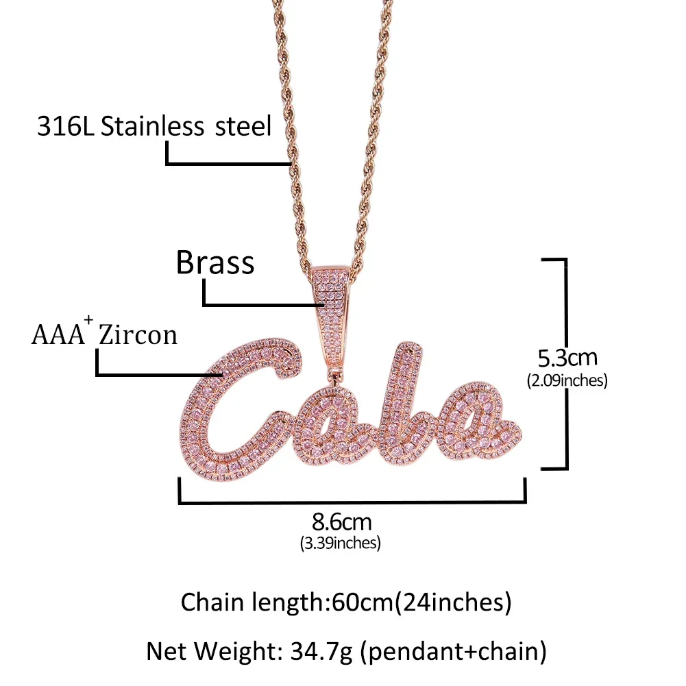 TopBling Custom Brush Cursive Letter Pendant Name Necklace Baguettes Chain Micro Paved CZ Personalized  Hiphop Jewelry