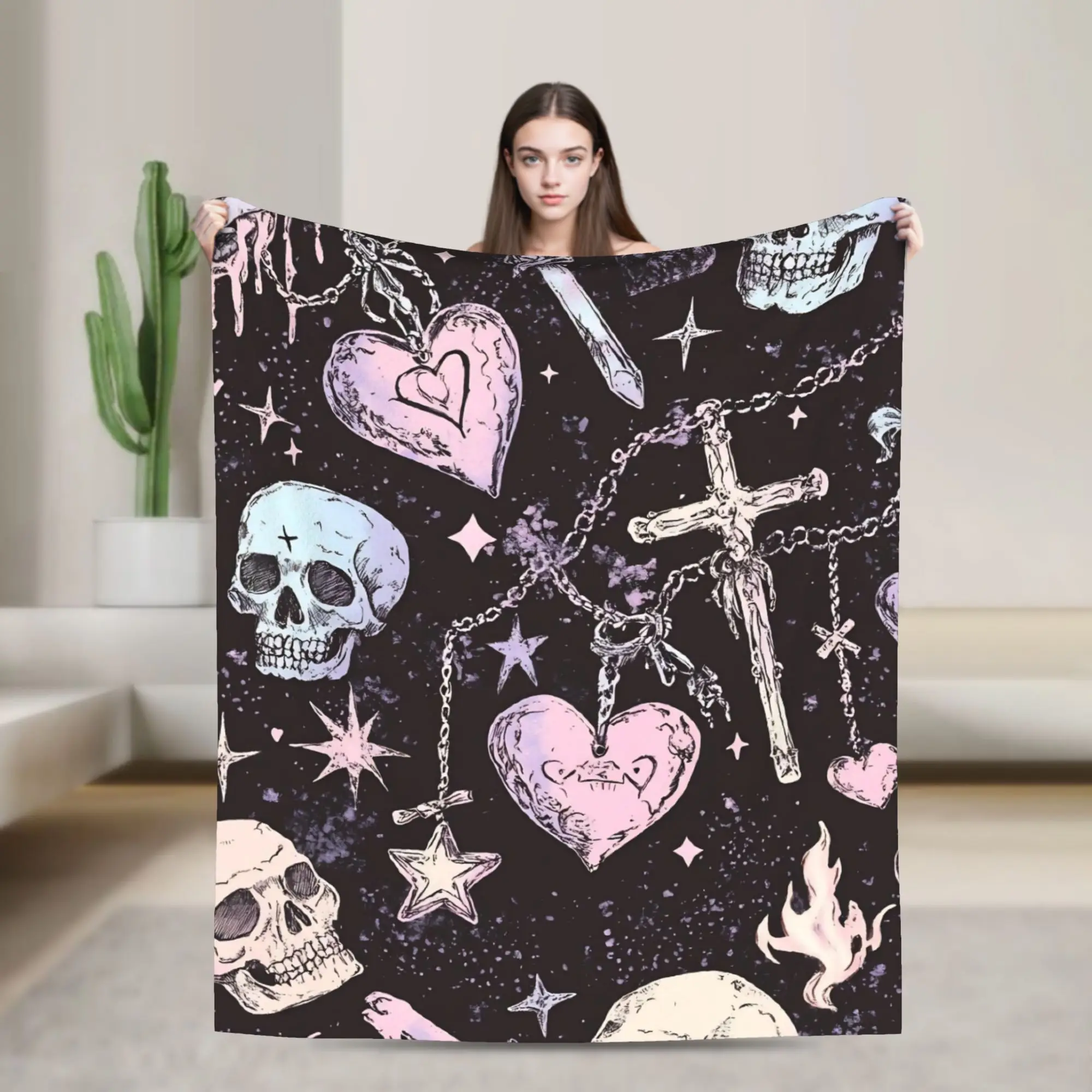 Halloween Gothic Blanket Flannel Summer Air Conditioning Witchy Cross Multi-function Throw Blankets for Sofa Car Bedspreads