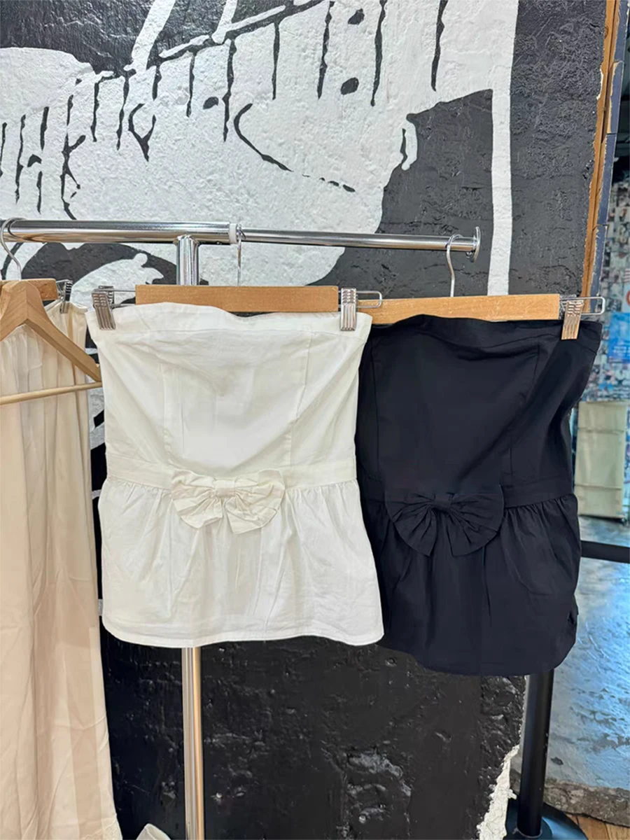 

Женский топ без бретелек с милым бантом, летние сексуальные тонкие майки без рукавов с открытыми плечами, белые винтажные хлопковые майки Y2k, новинка